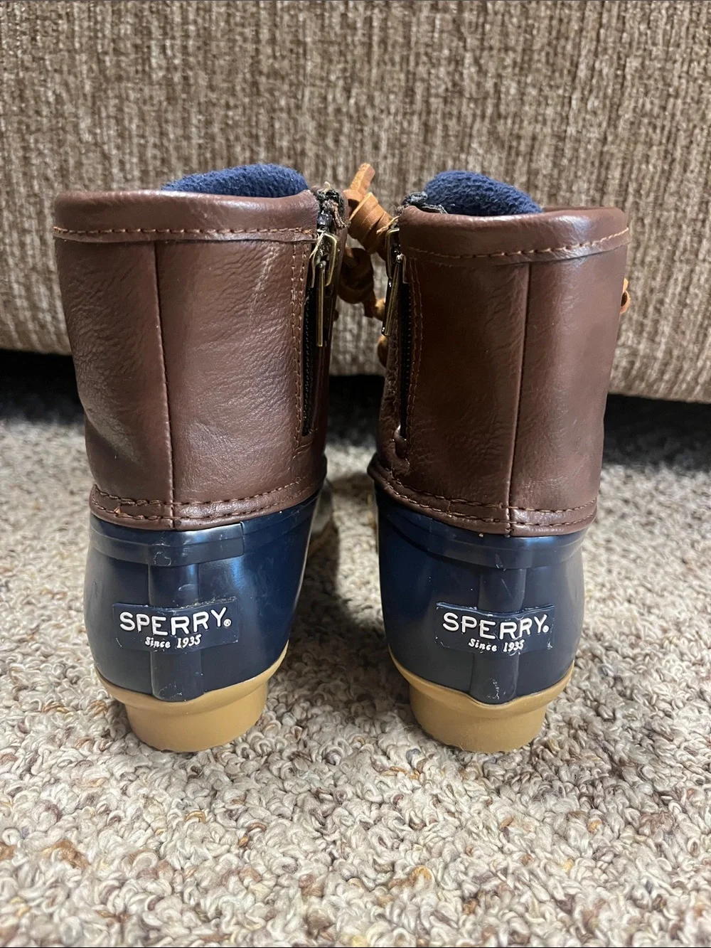 Sperry Navy and Brown Waterproof Duck Boots with Tan Laces